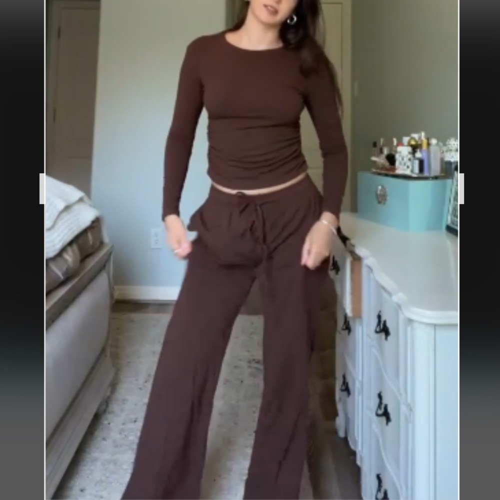 Women's 2 Piece Outfit Lounge Sets Long Sleeve Top Wide Leg Pants Casual Sz L - Picture 13 of 17